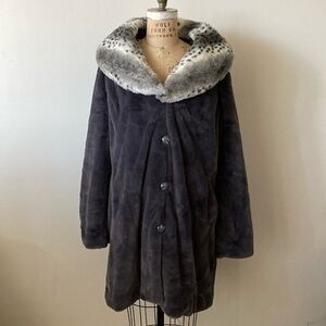 NWT Soft Faux Fur Plush Coat | sz 2X | Dennis Basso Gold Grey Hooded | xmas XXL